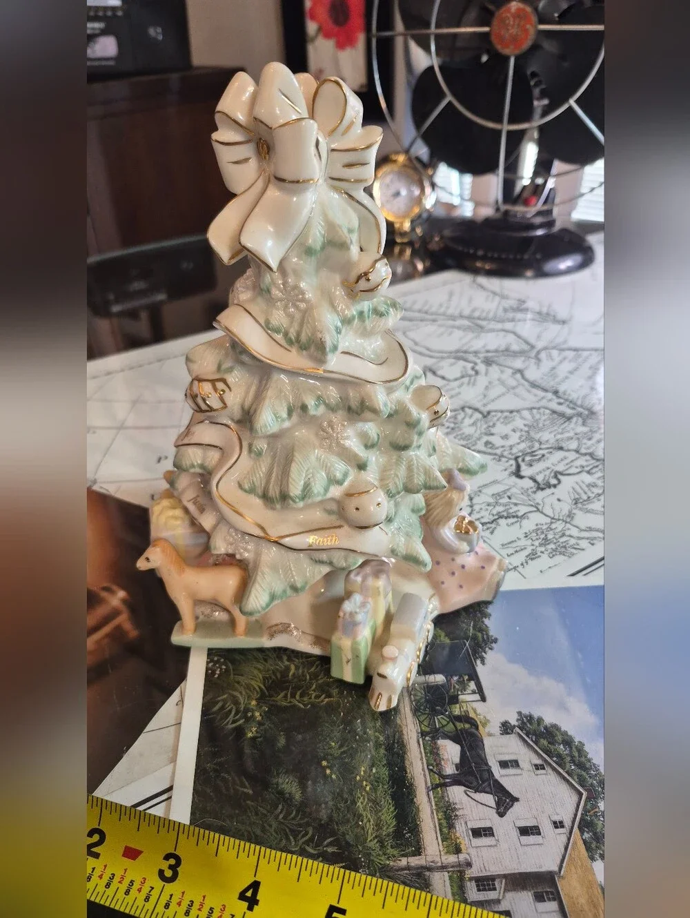 Lennox Porcelain White and Green Holiday Tree Figurine with Gold Accents